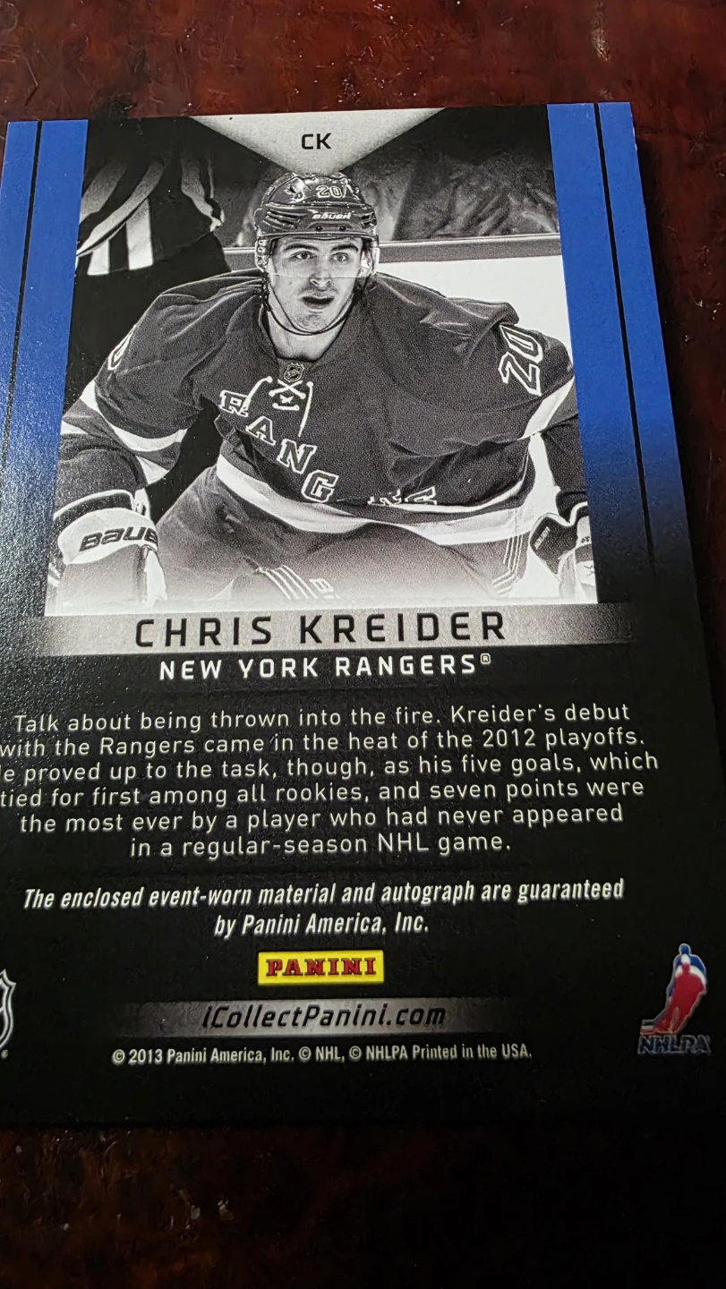 2013 Panini Certified Rookie Card Chris Kreider Autograph Patch - photo 2