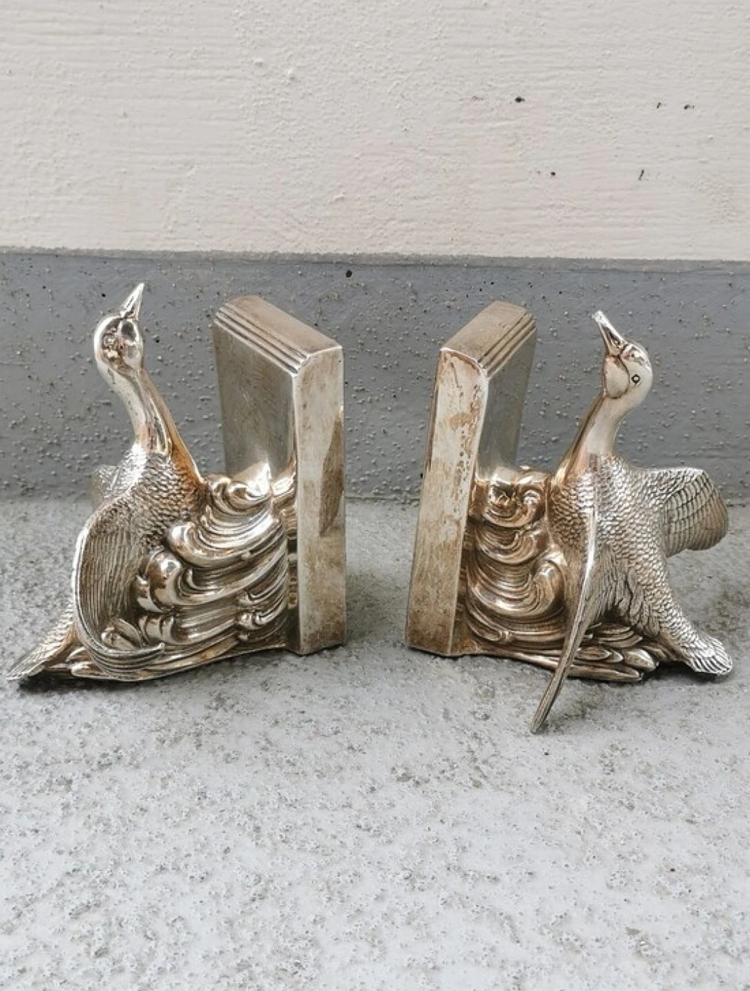 Vintage Silver Plated Goose Bookends Art Deco Shelf Decor Pair - photo 2