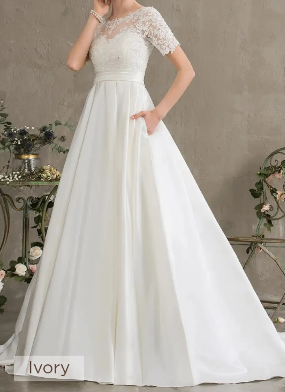 Ivory Wedding Dress with Lace Top and Satin Skirt - photo 2