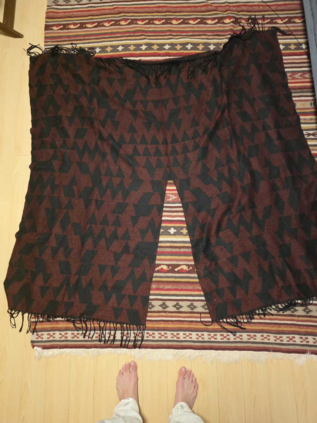 Burgundy and black geometric fringe poncho
