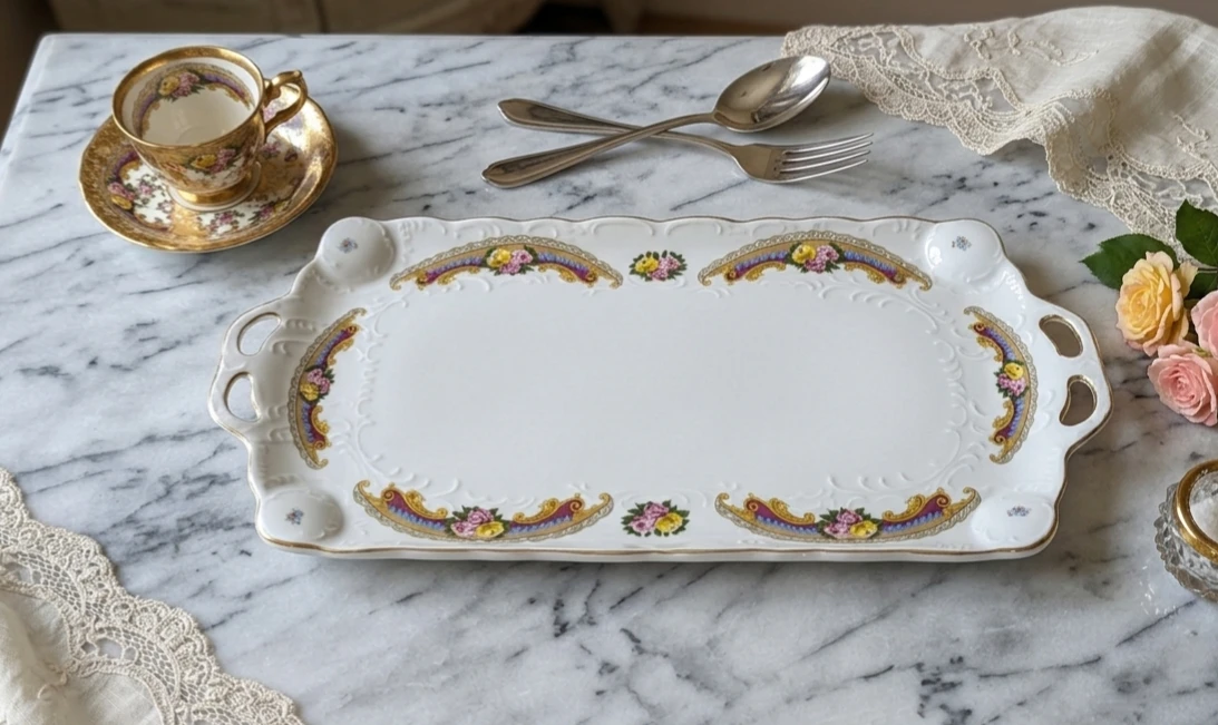Large floral ceramic serving tray with handles