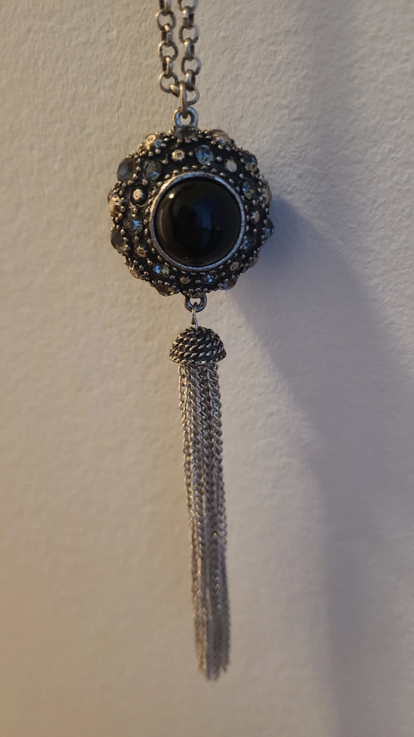 Silver-tone Pendant Necklace with Black Stone and Tassel - photo 2