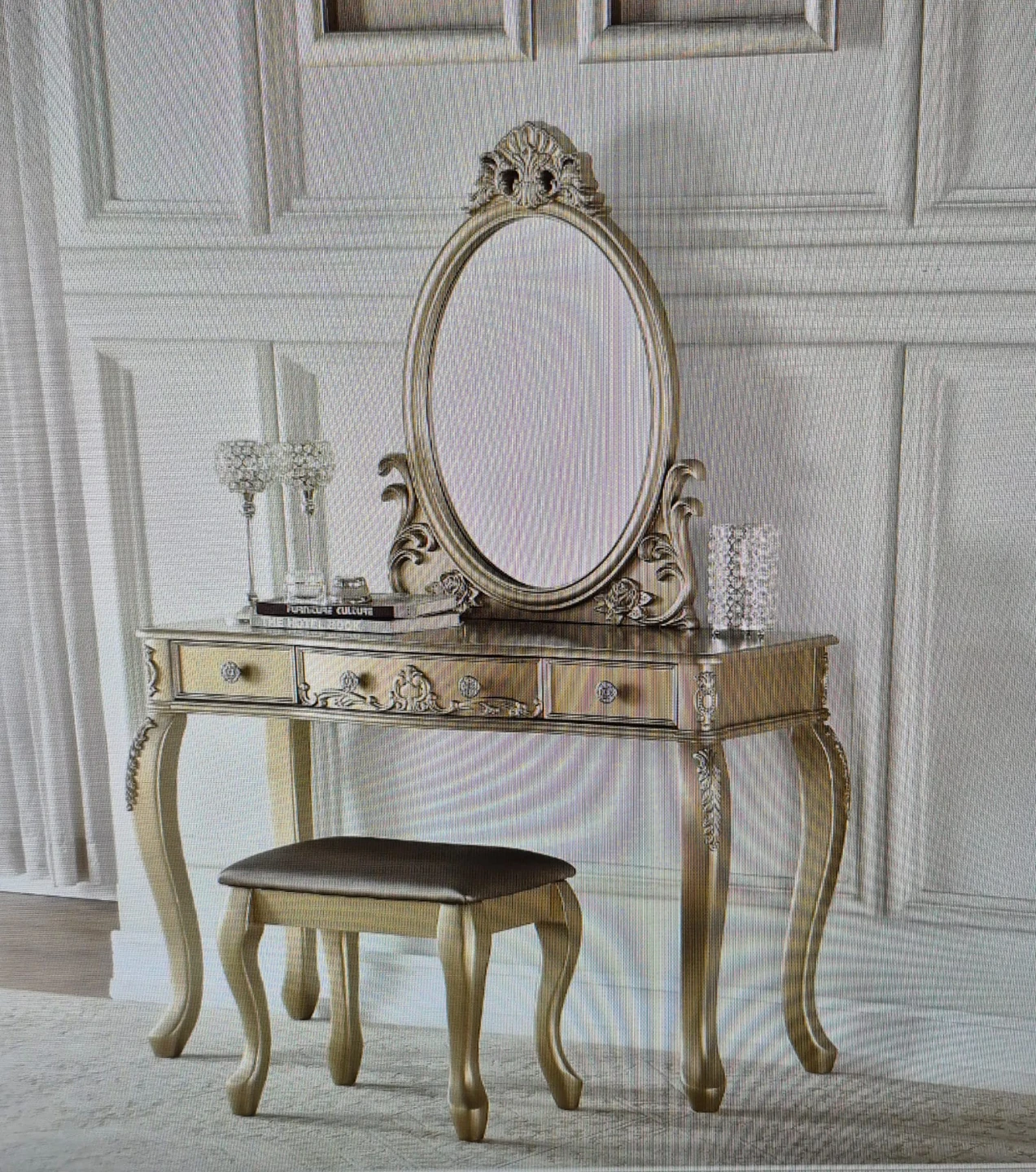 Gold Vanity Table with Mirror and Stool