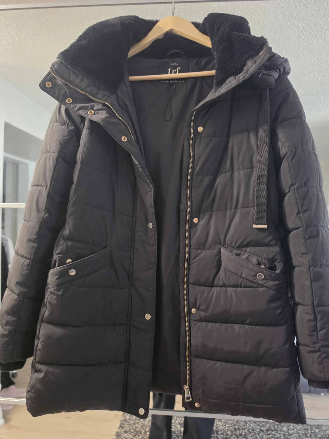 ZARA TRF Black Puffer Coat with Faux Fur Hood