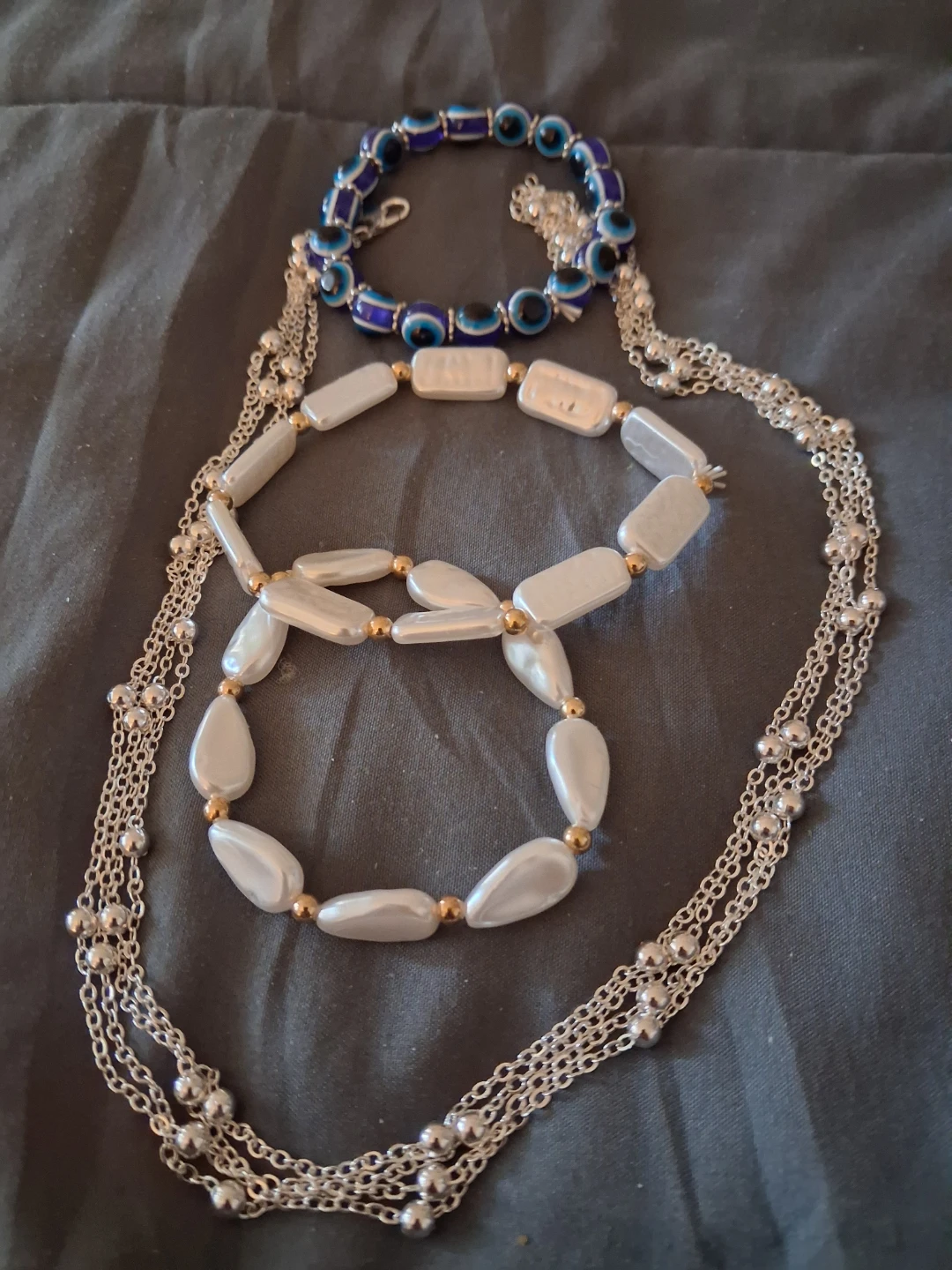 Women's Beaded Bracelets and Silver Layered Necklace Set