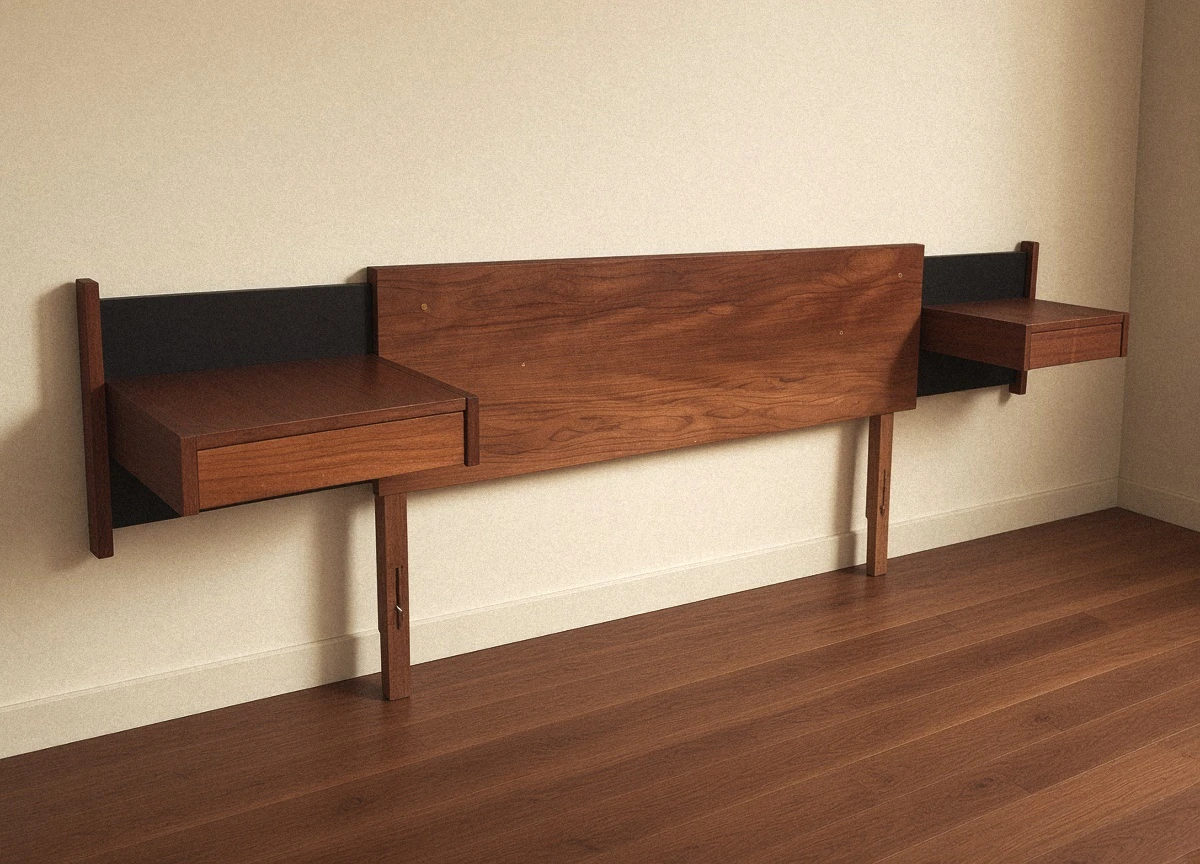 MCM Teak Full Size Headboard + Two Floating Nightstands
