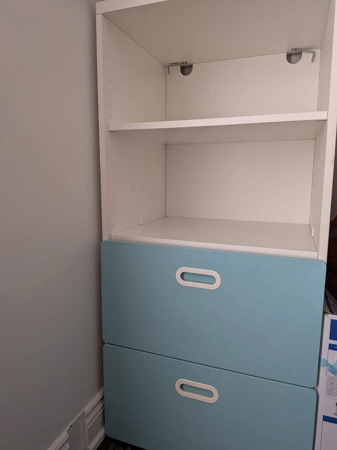 White Bookshelf with Light Blue Drawers