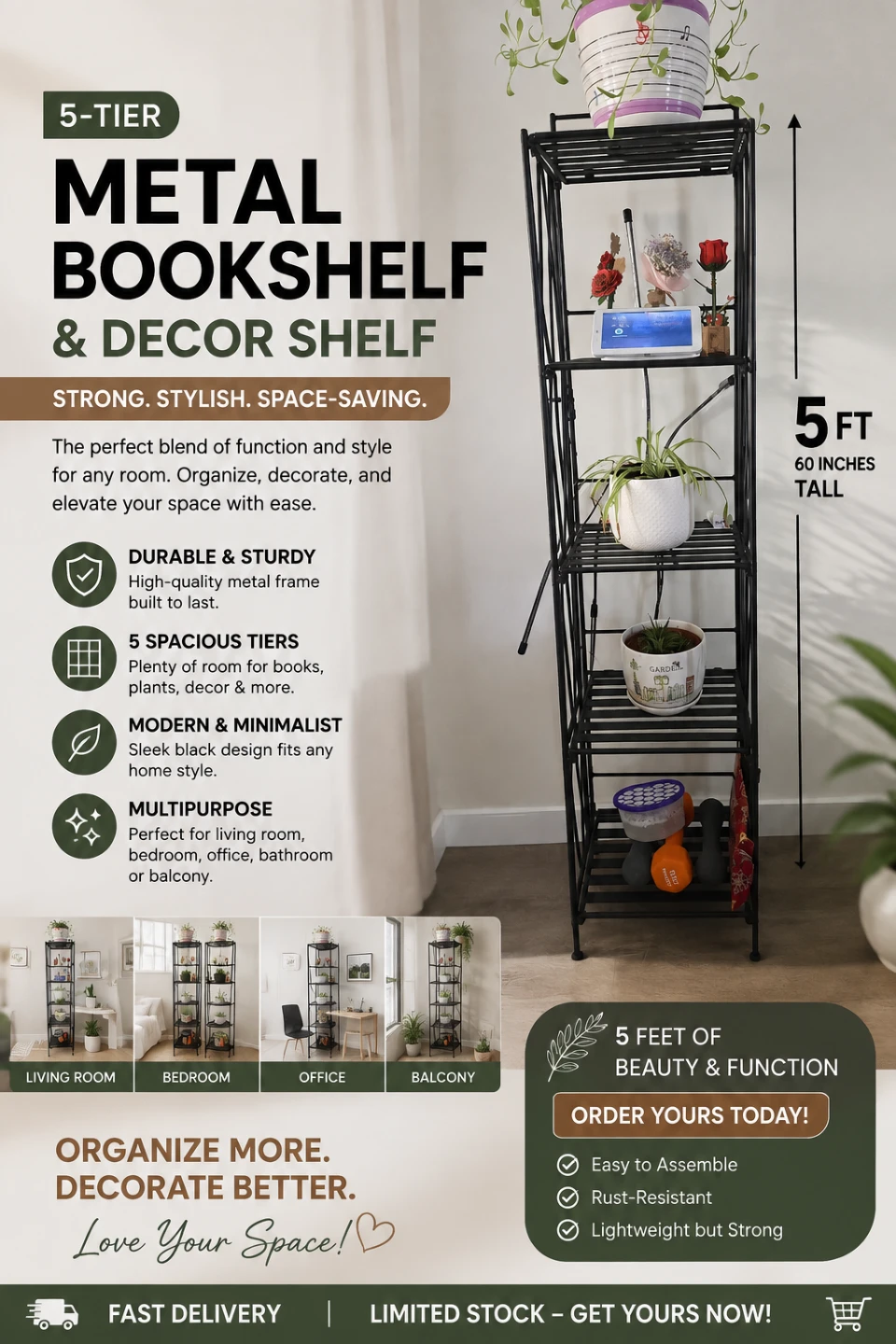 5-Tier Metal Bookshelf & Decor Shelf