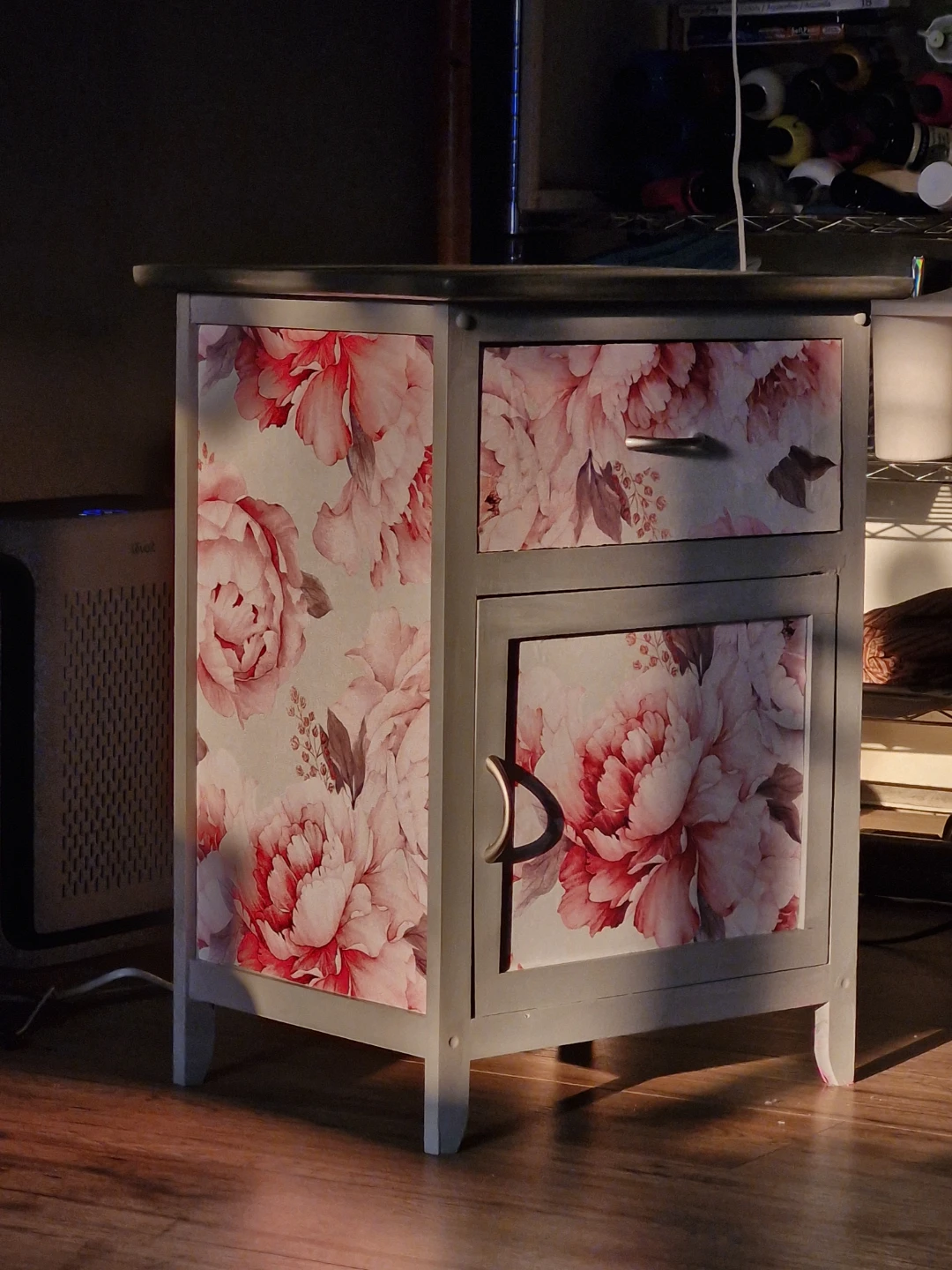 Floral pattern grey nightstand