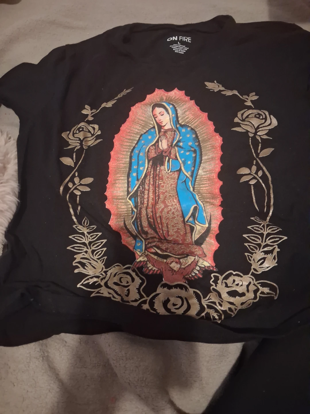 ON FIRE Black Virgin Mary Graphic T-Shirt Size L