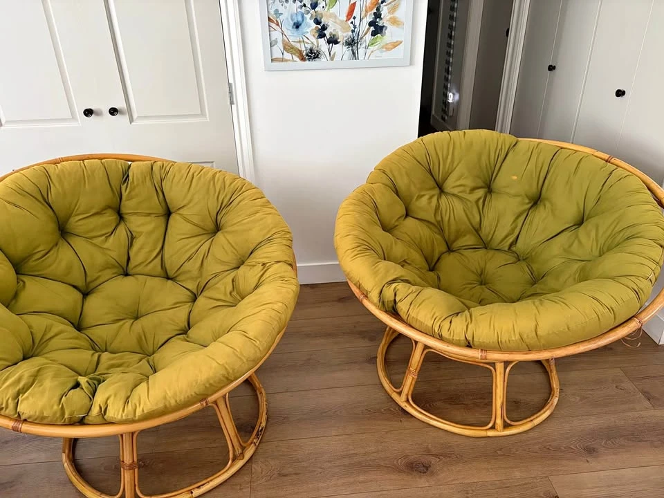 Rattan Papasan Chair with Olive Green Cushion