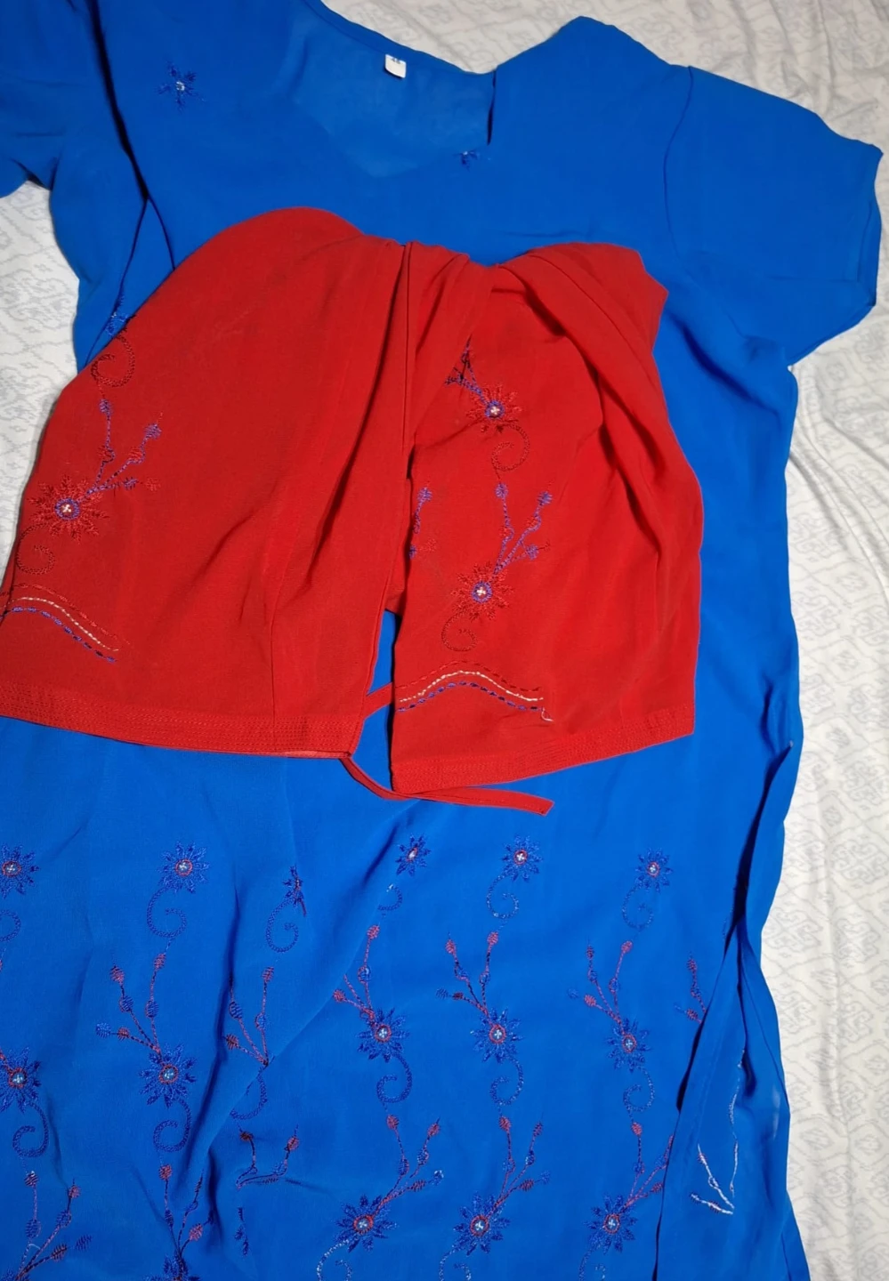 Blue and Red Embroidered Kurti Set