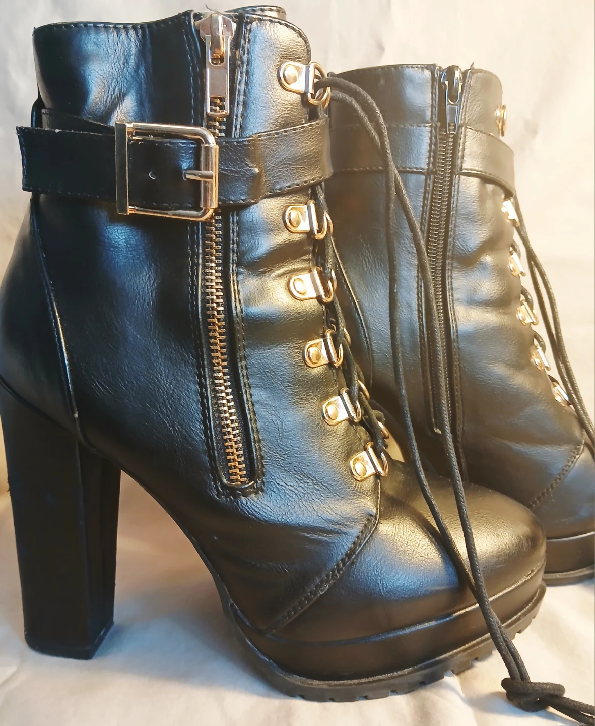 Black Lace-Up Heeled Ankle Boots