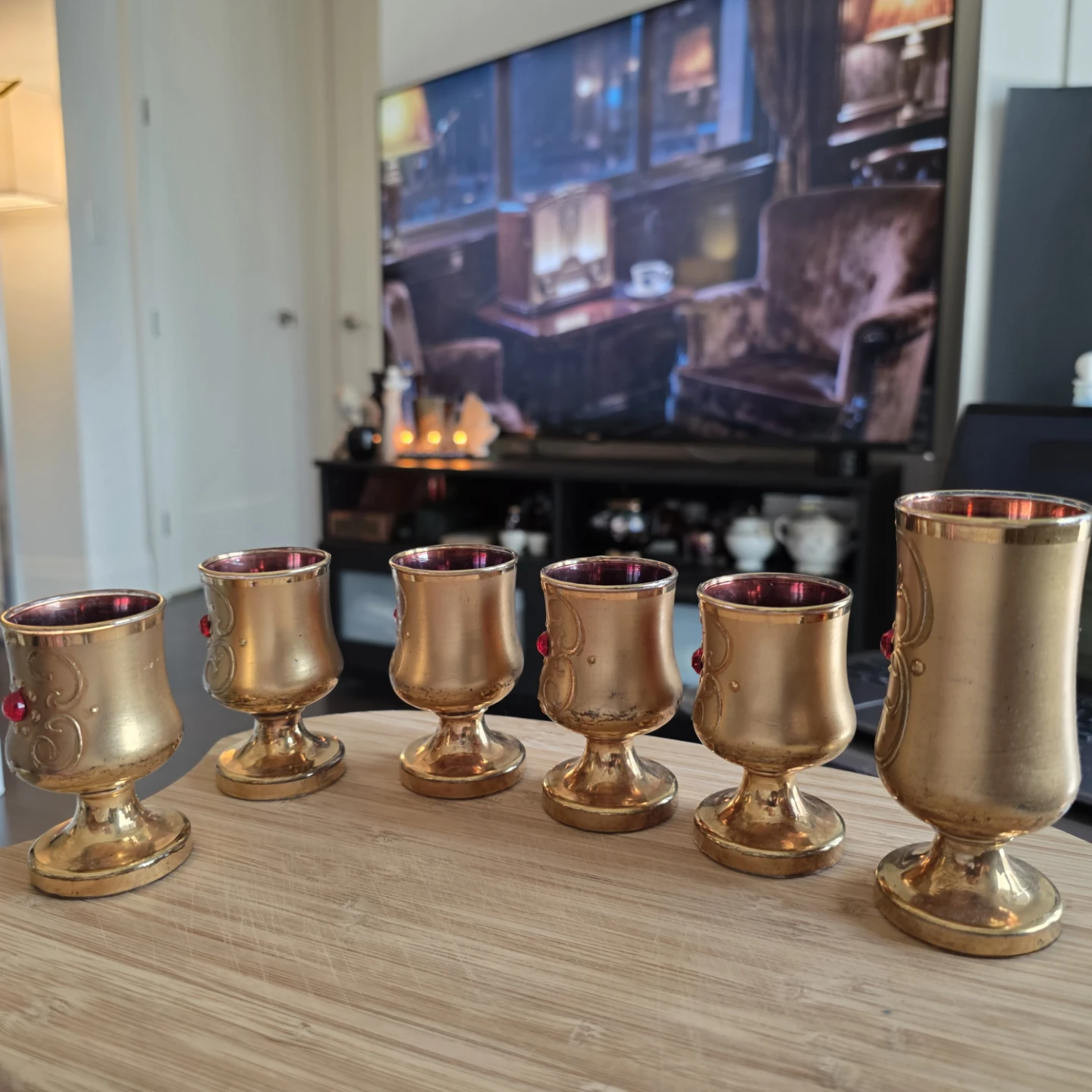 Set of 6 Vintage Gold Goblets with Red Gems - photo 3