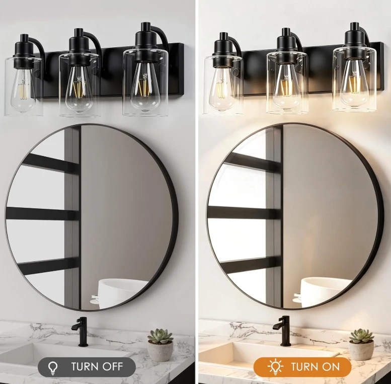Black 3-Light Vanity Light Fixture with Clear Glass Shades - photo 3