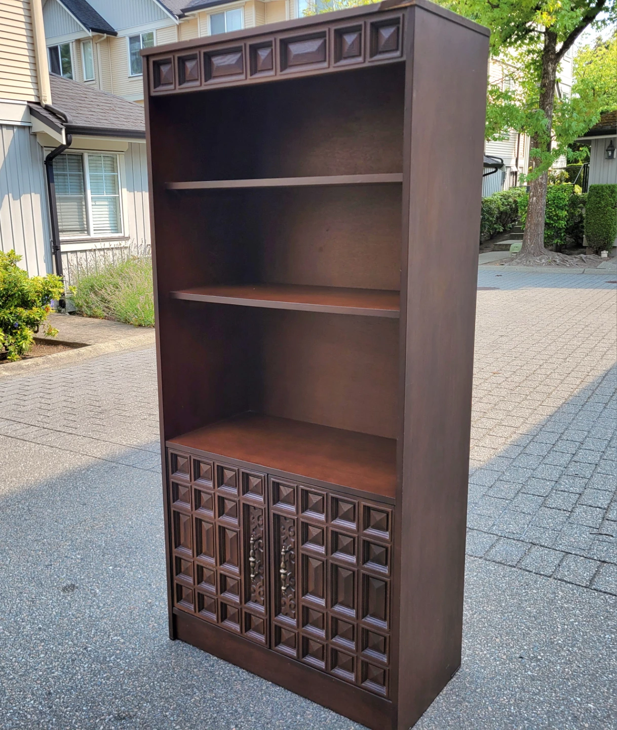 Vintage Mid-Century Geometric Carved Bookcase / Storage Cabinet.