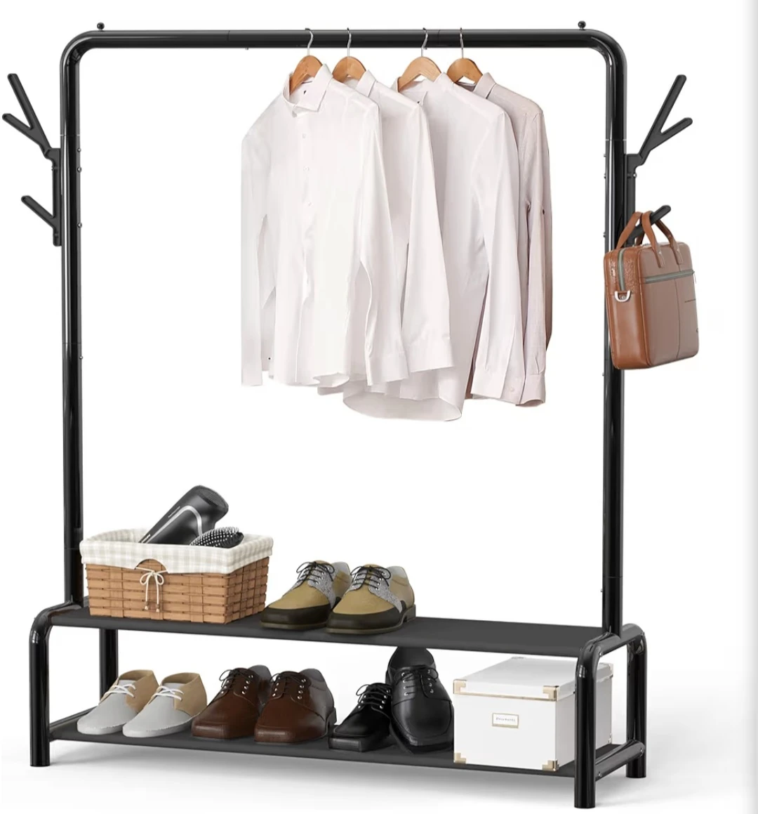Black Metal Clothes Rack with Two Shelves