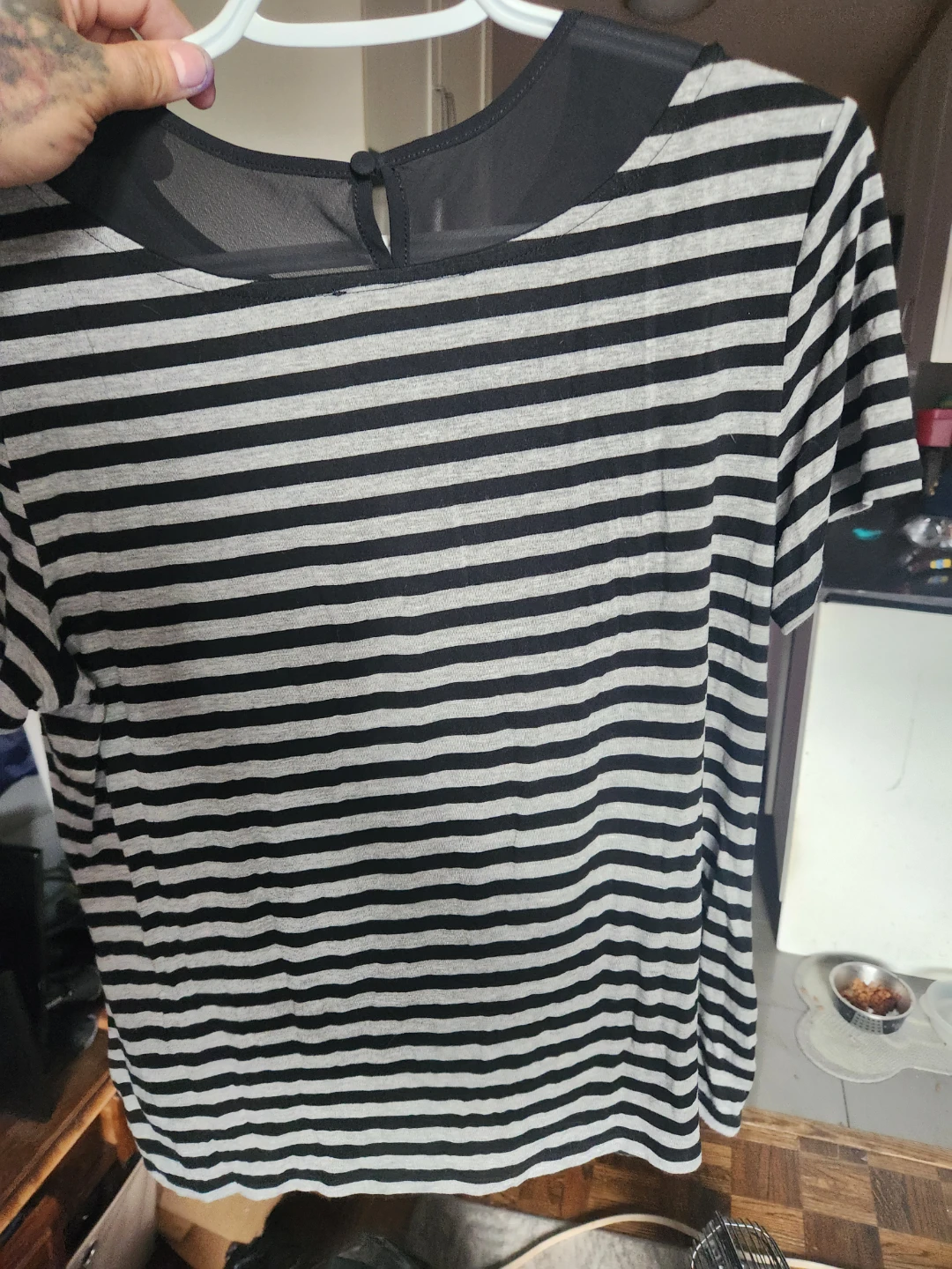Striped T-shirt with Sheer Collar - photo 2