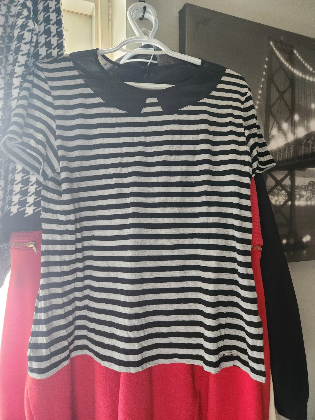 Striped T-shirt with Sheer Collar - photo 3