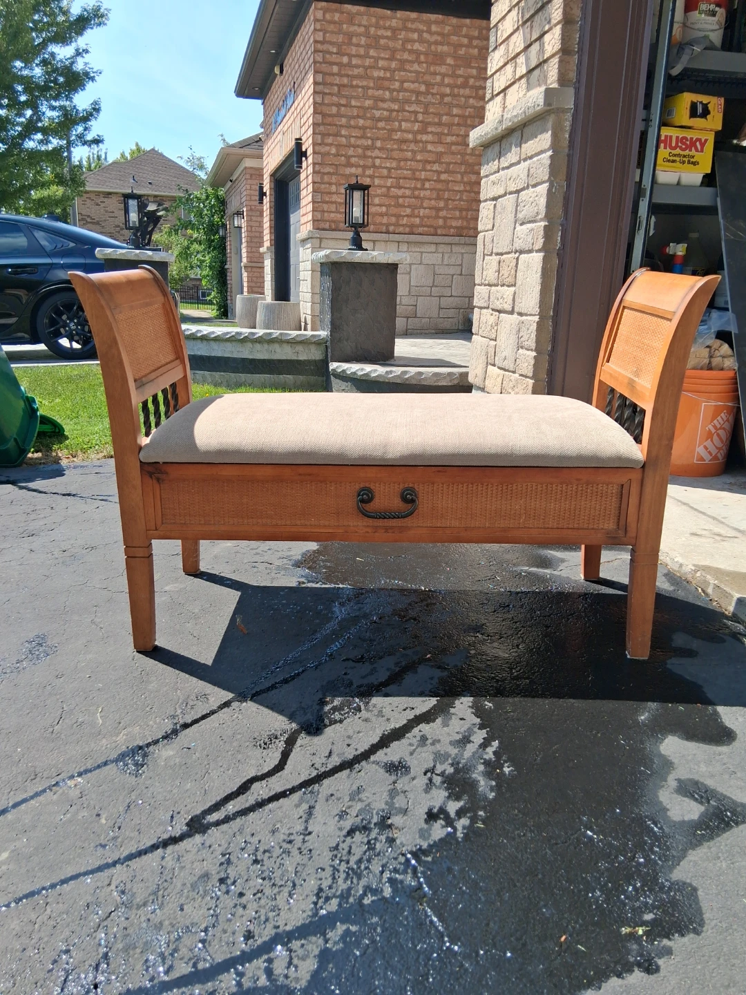 Wooden Storage Bench with Cane Accents