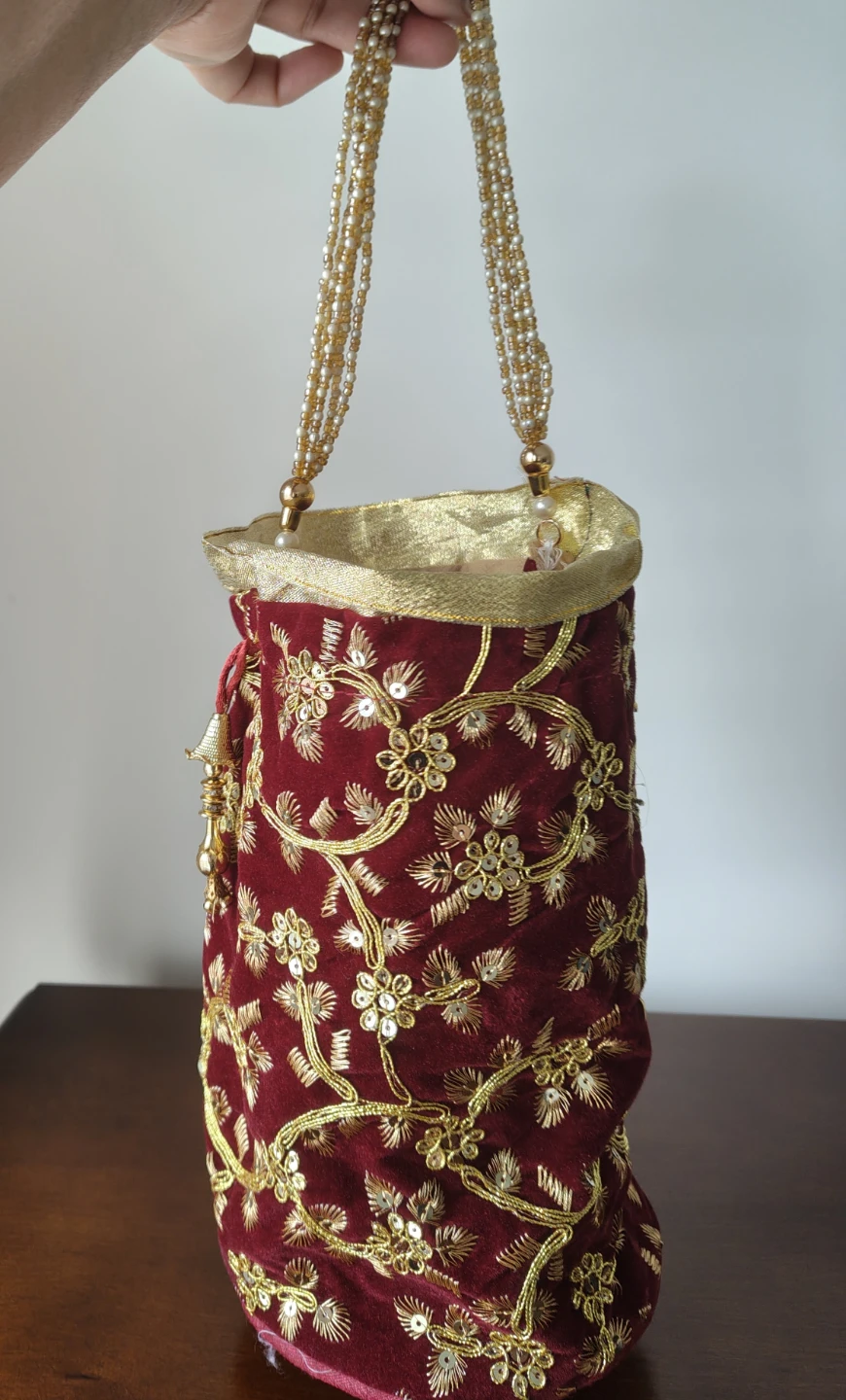 Embroidered Velvet Drawstring Bag with Beaded Handles