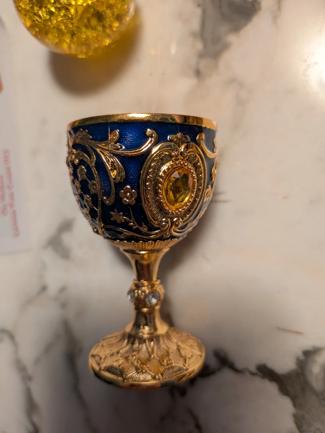 Ornate Citrine Spere With Golden Cup Chalise Trinket Dish