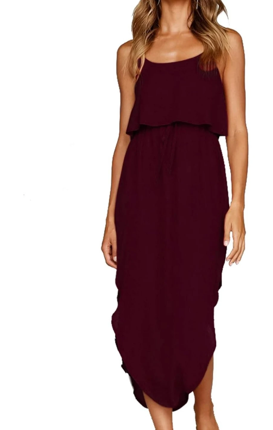 Burgundy Chiffon Popover Spaghetti Strap Midi Dress - photo 5