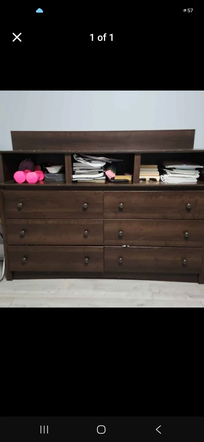 Brown Wooden Dresser with Top Shelf has mirror