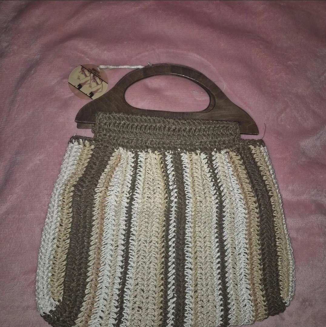 Nicci Mode Brown Combo Woven Bag with Wooden Handles