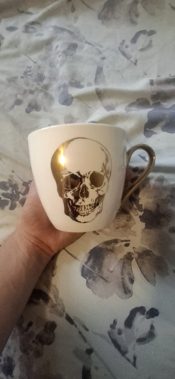 White Mug with Gold Skull Design
