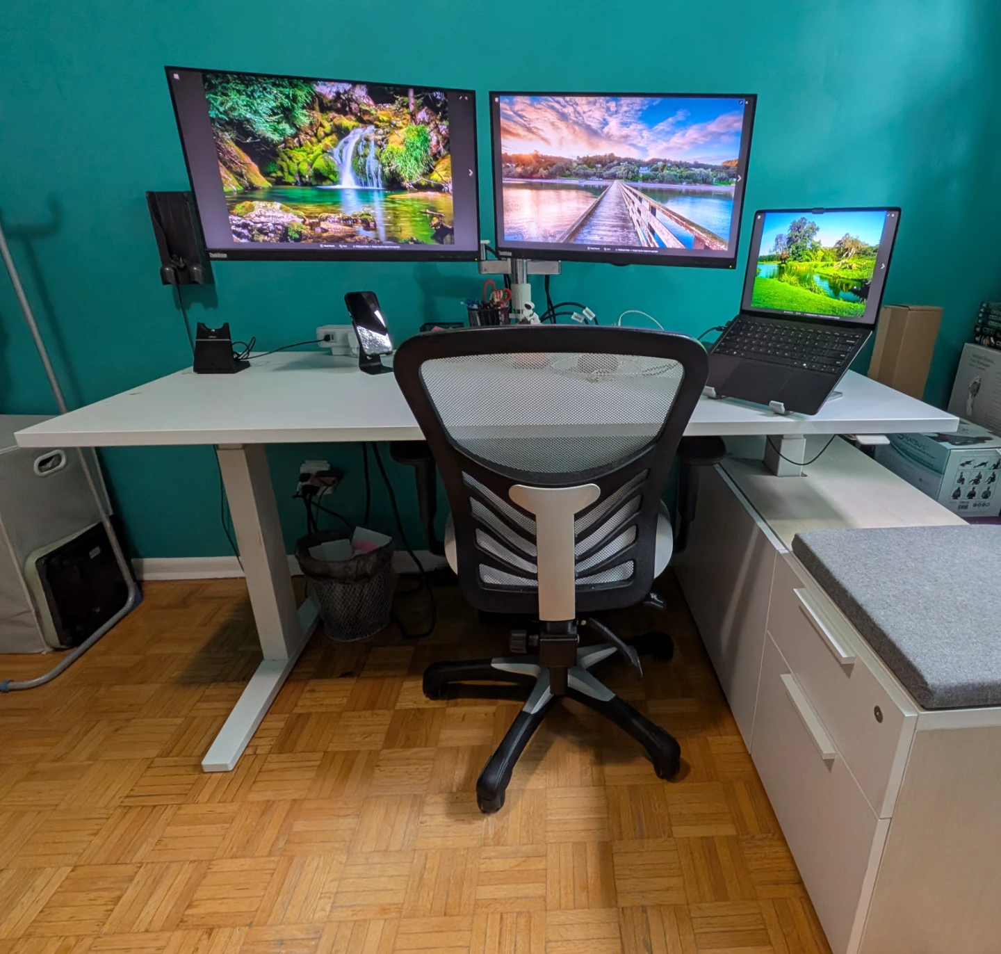 Electric Standing Desk including monitors and chair