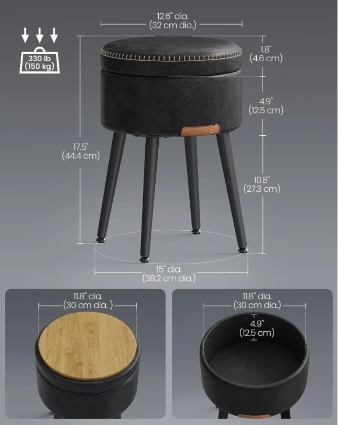 VASAGLE Storage Ottoman Stool - Black