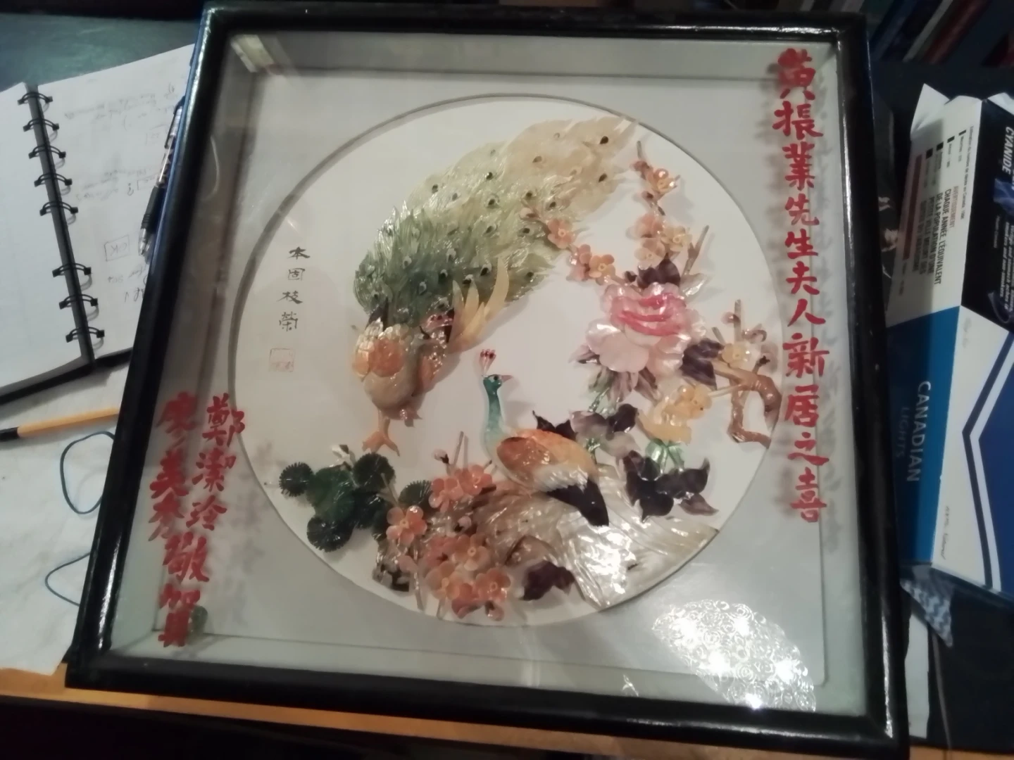 Vintage Chinese Mother of Pearl Shell Relief Art Shadowbox