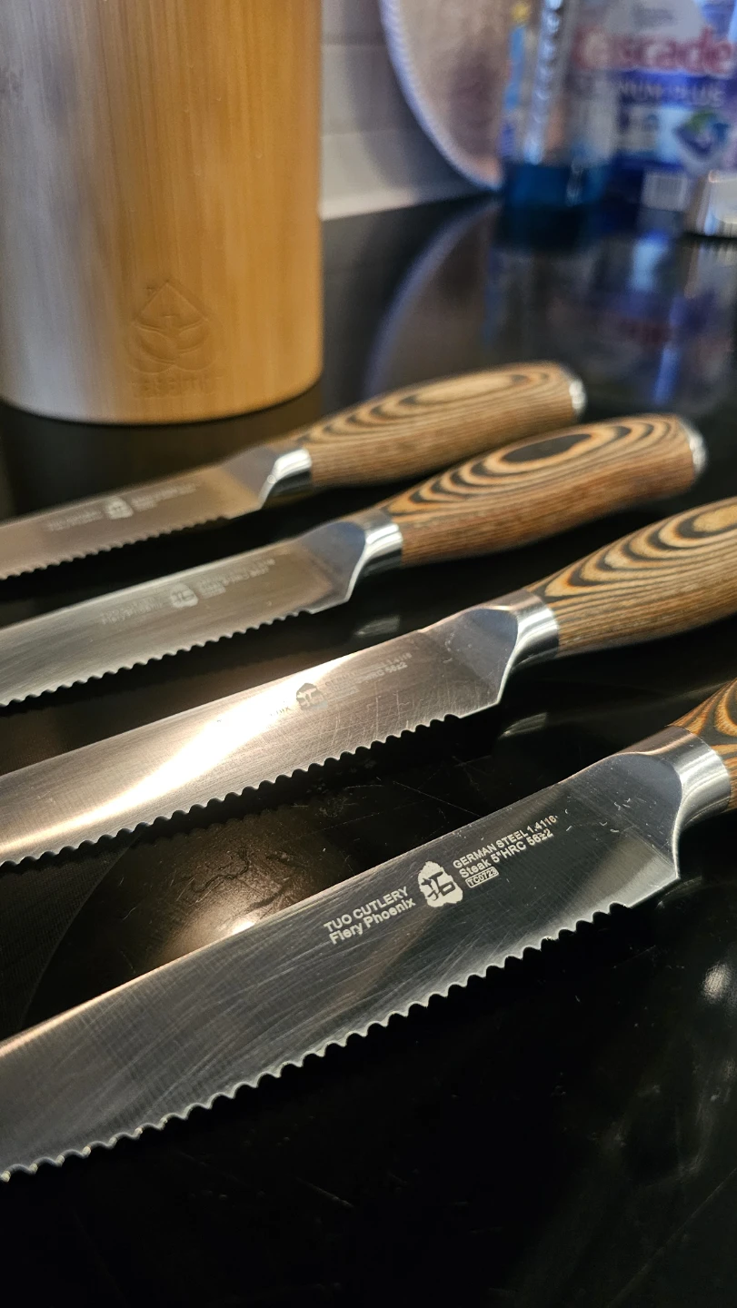 TUO Cutlery Fiery Phoenix Steak Knives Set with Bamboo Block