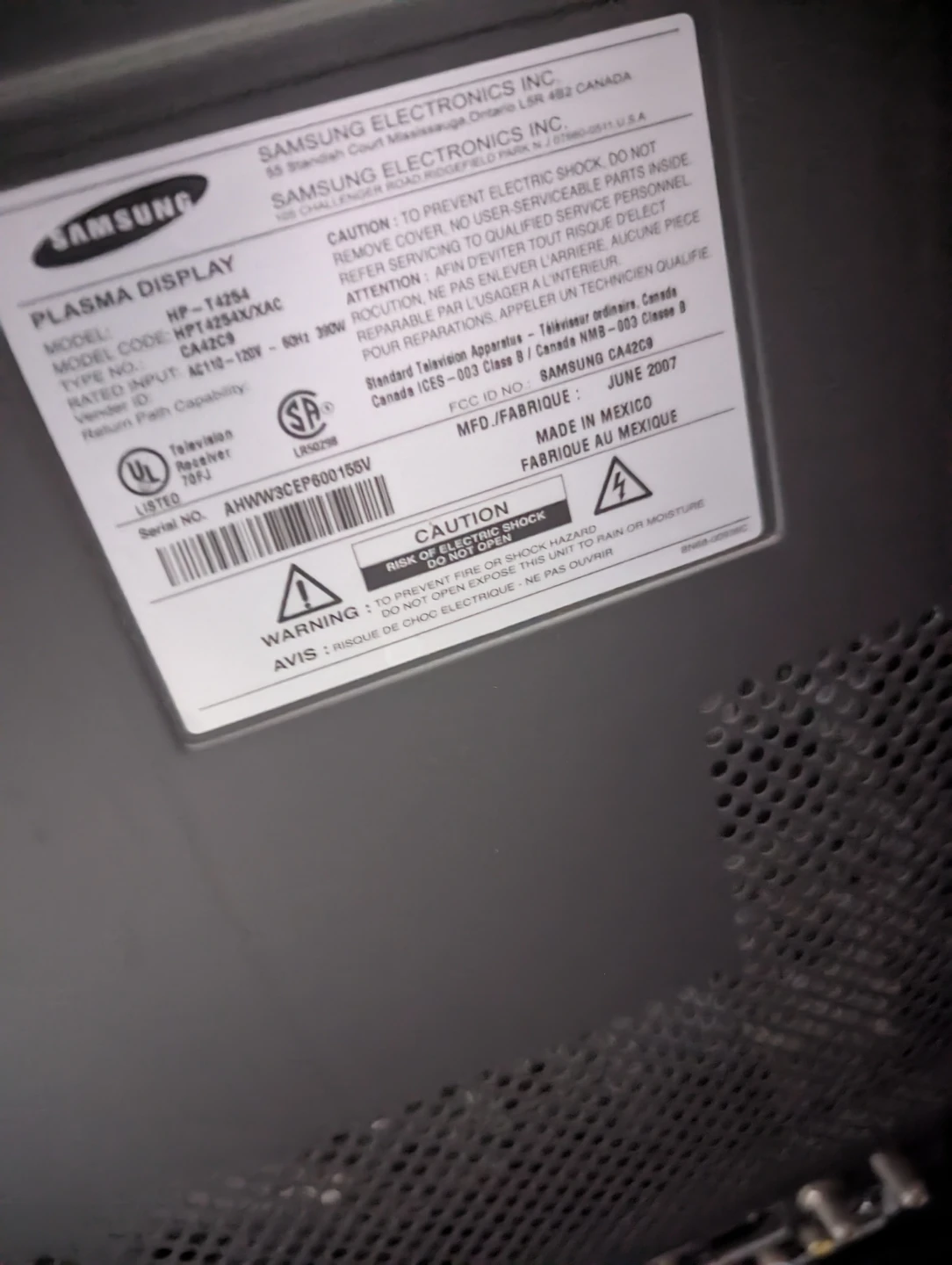FIRST OFFER TAKES IT. NO POWER - Samsung 42" plasma HDTV - photo 3