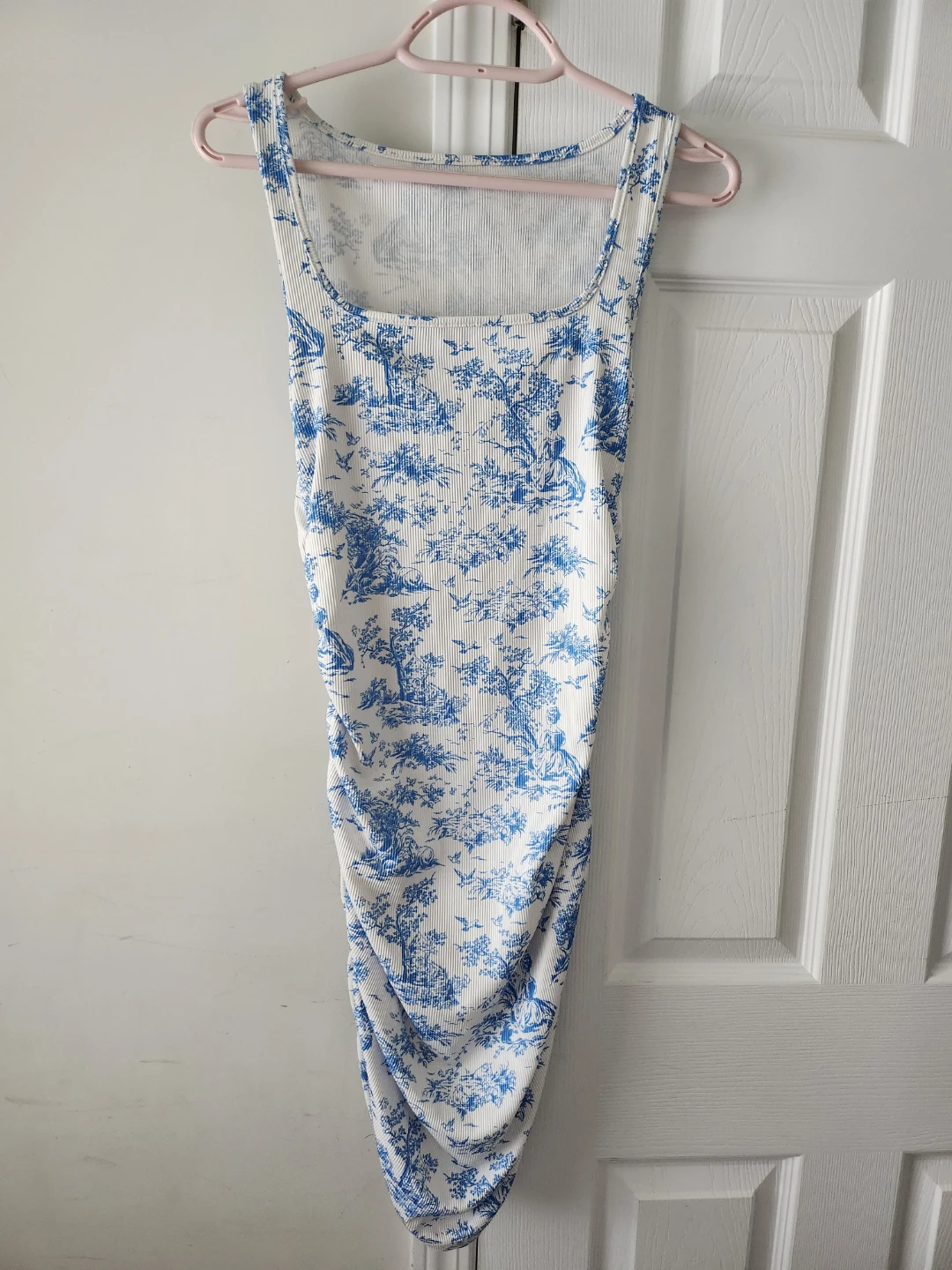 Ruched Ribbed Dress - Blue Toile Pattern
