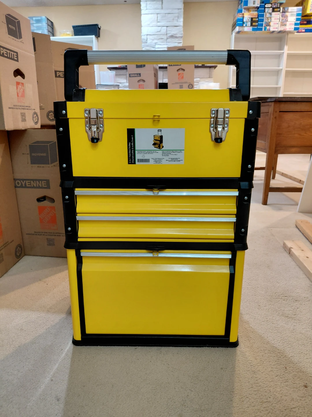 3-in-1 Rolling Metal Tool Box Chest Trolley - Yellow/Black