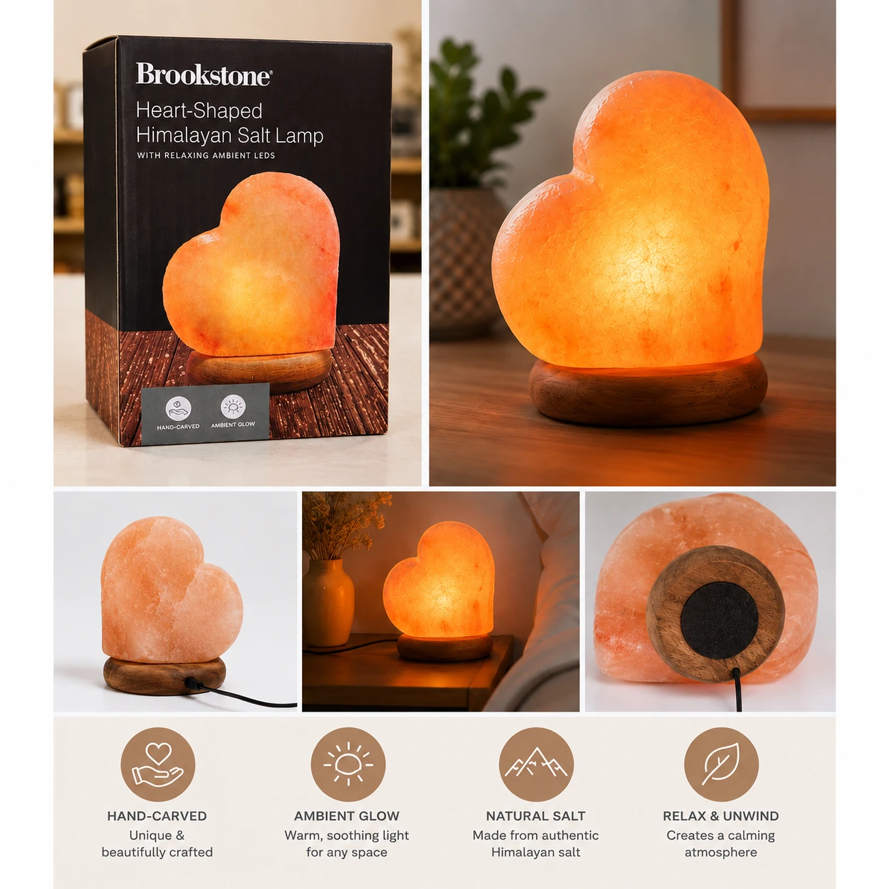 Brookstone Heart-Shaped Himalayan Salt Lamp with Ambient LEDs