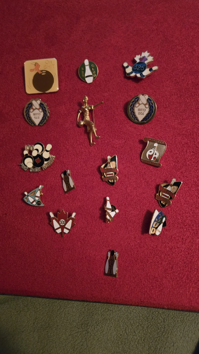 Collection of Bowling Pins and Themed Enamel Pins