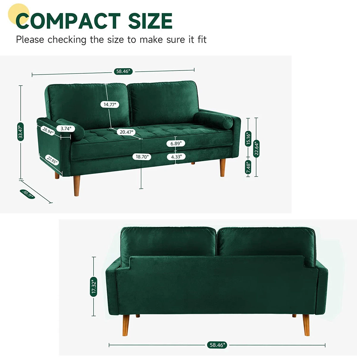 Emerald Green Velvet Loveseat Sofa - photo 4