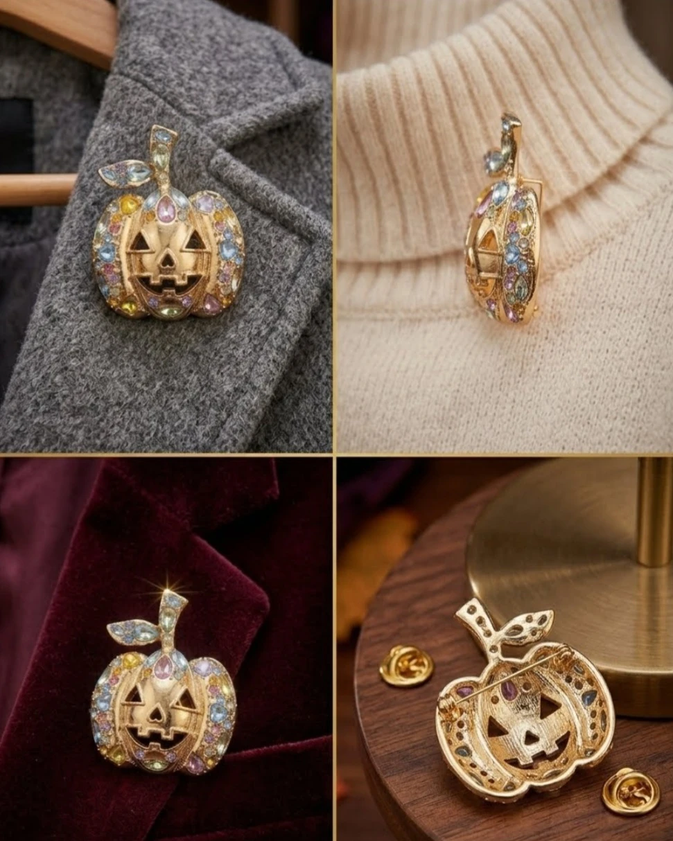 New Gold-Tone Rhinestone Halloween Pumpkin Brooch - photo 4