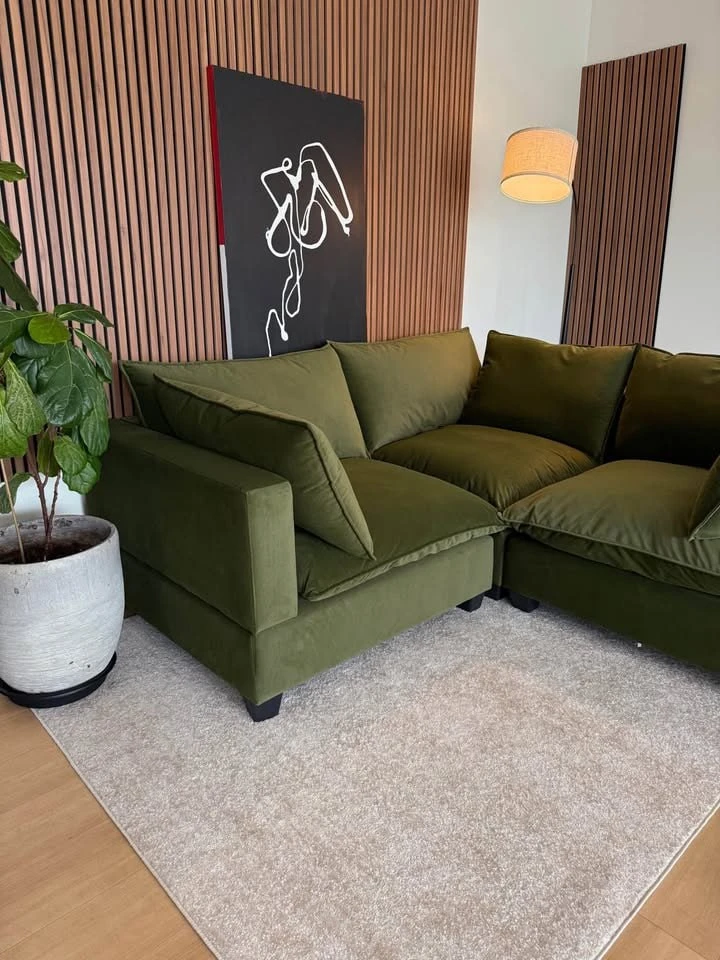 Olive Green Velvet Sectional Couch - photo 3