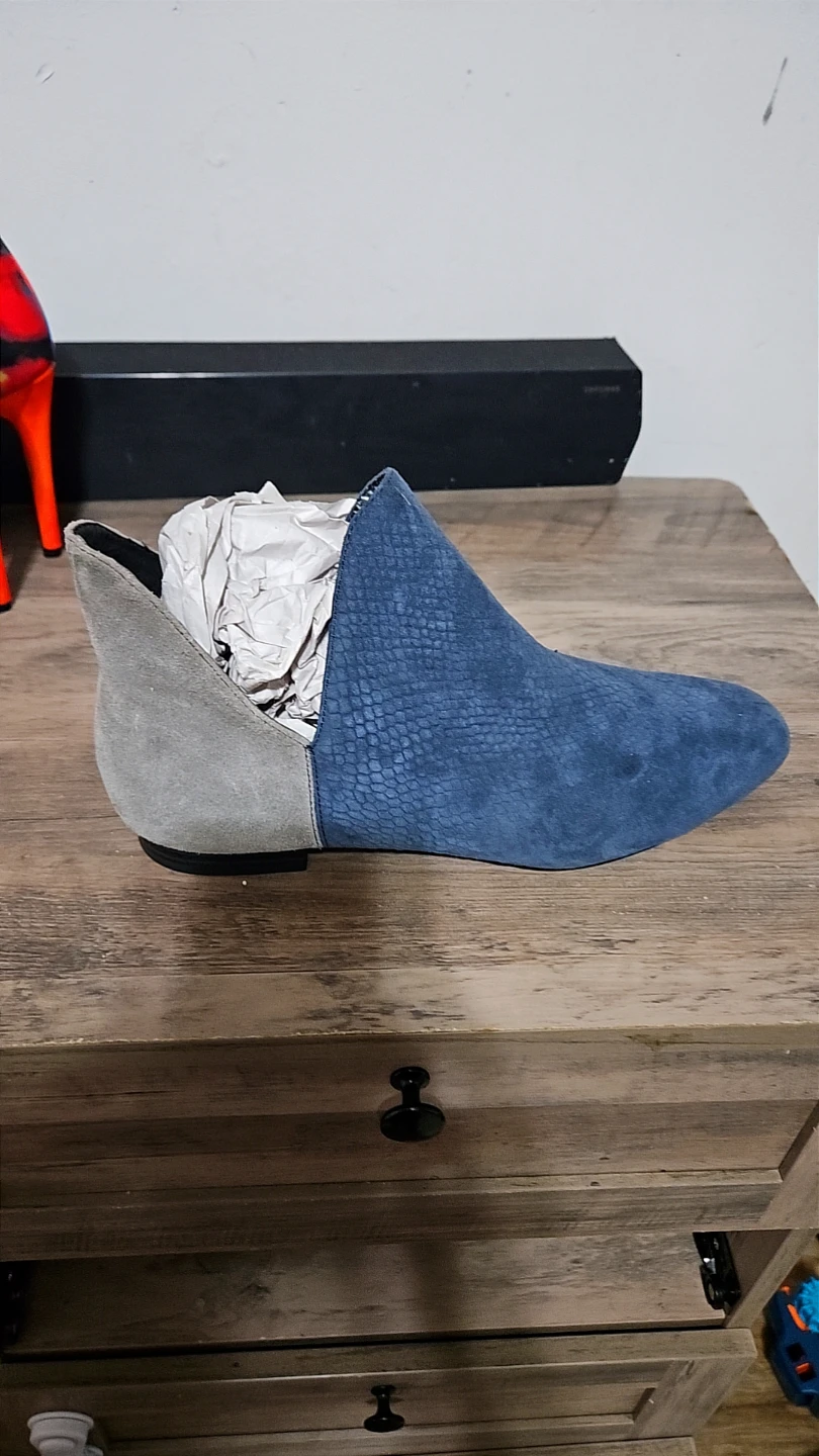Blue & Gray Textured Suede Cutout Ankle Booties