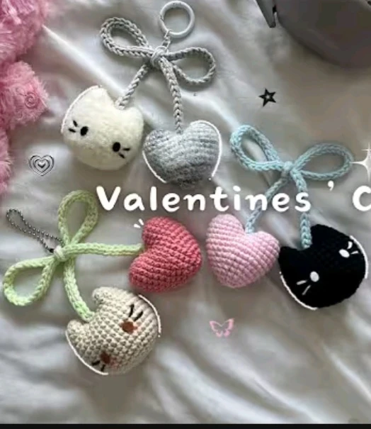 Handmade Crochet Valentine Cat & Heart Keychains