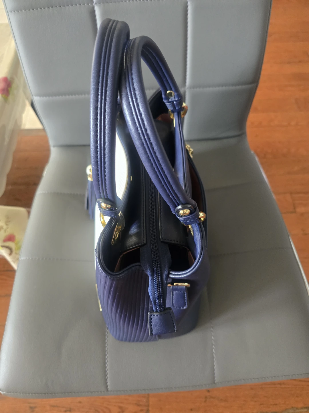 Navy Blue Colour Block Handbag with Gold Accents - photo 2