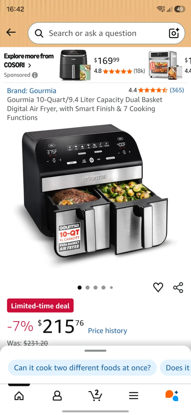 Gourmia 10-Quart Liter Capacity Dual Basket Digital Air Fryer