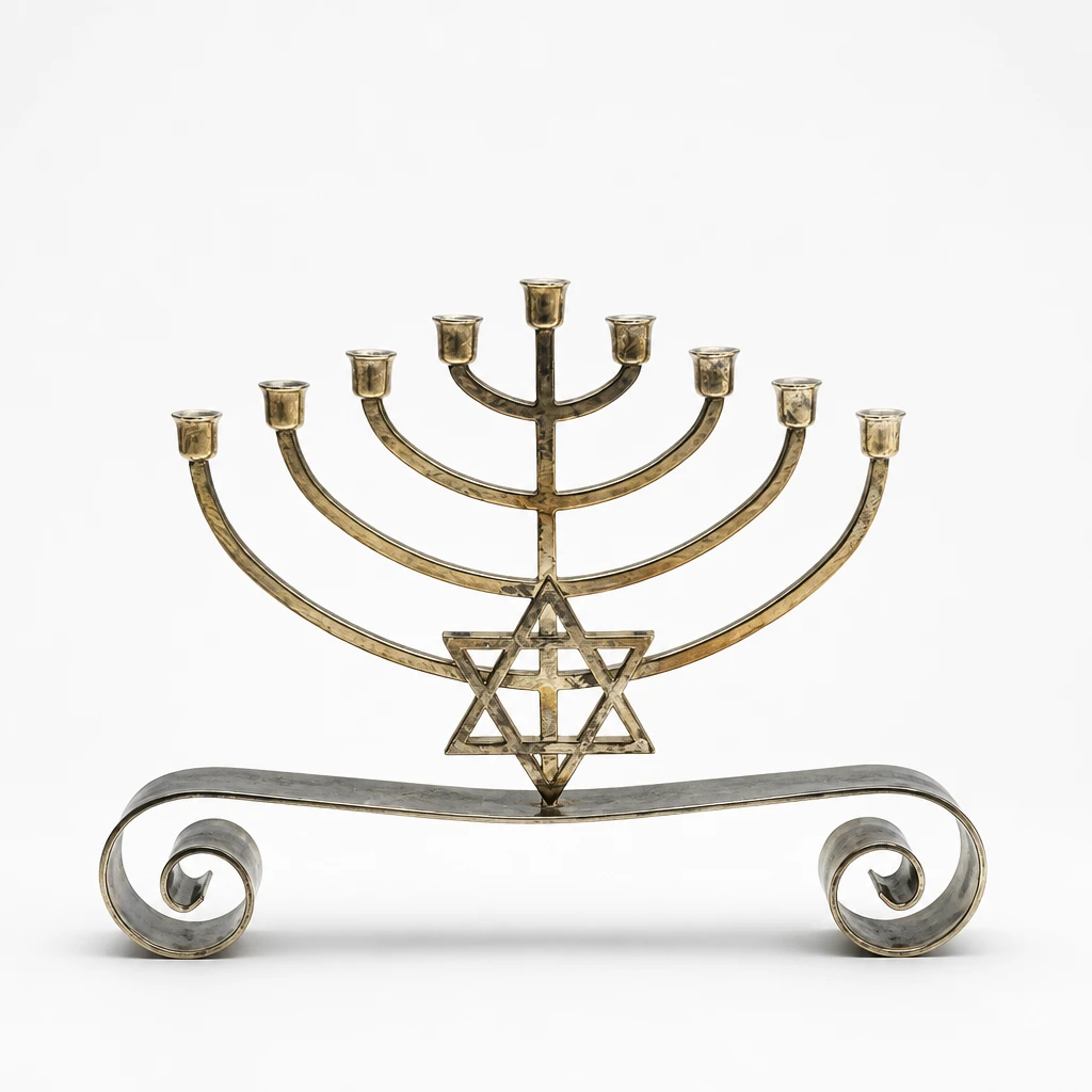 Vintage Brass Hanukkah Menorah Star of David Scroll Base