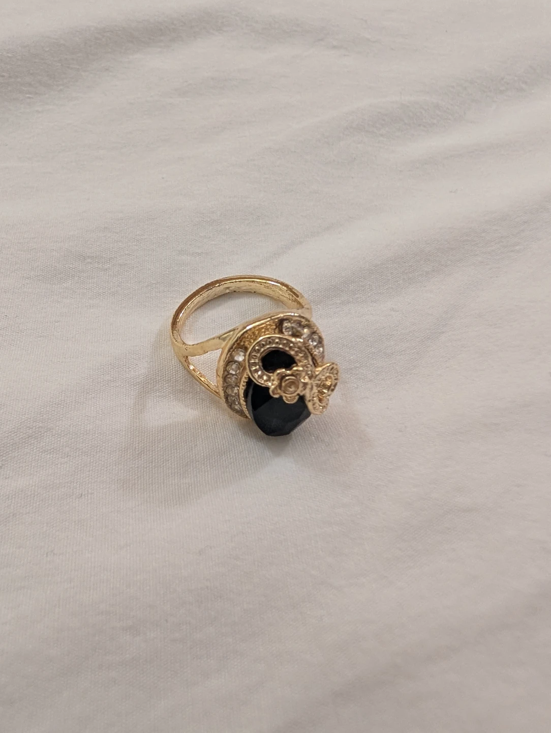 Gold-tone Ring with Black Stone & Rhinestones