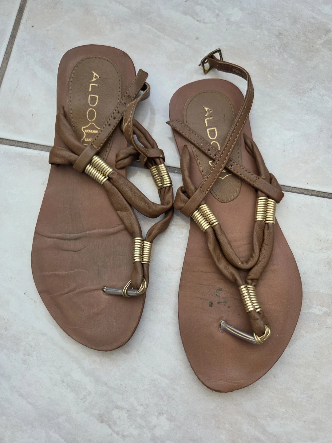 ALDO Women's Brown Leather Strappy Flat Sandals