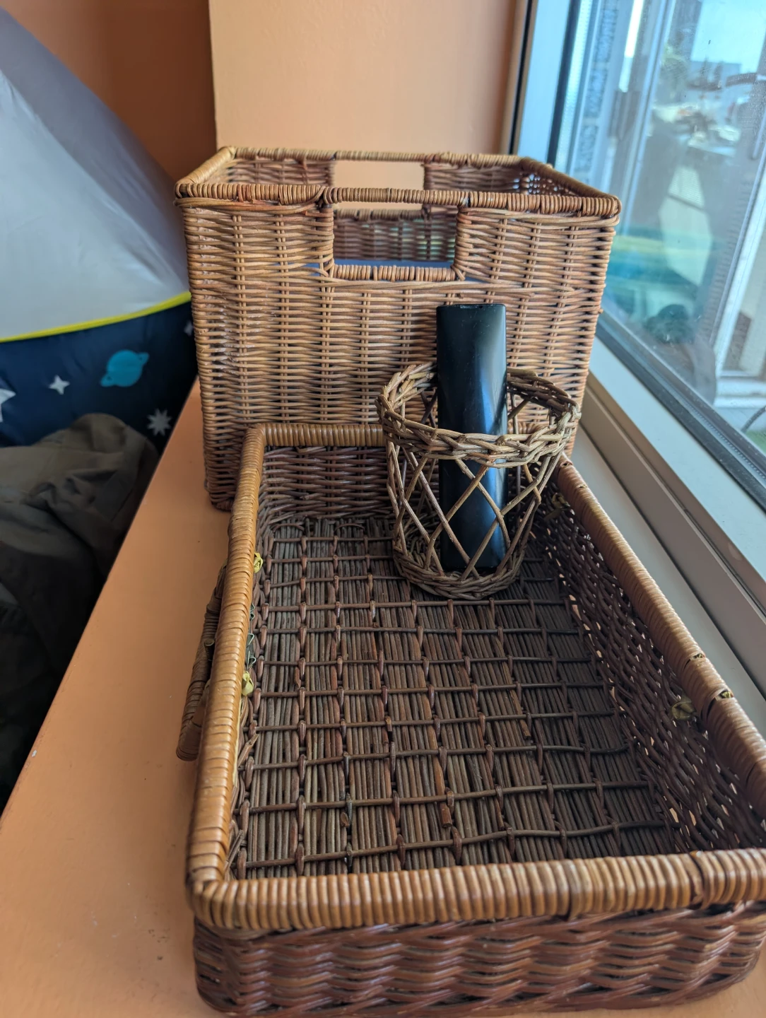 3 vintage boho Wicker Storage Baskets